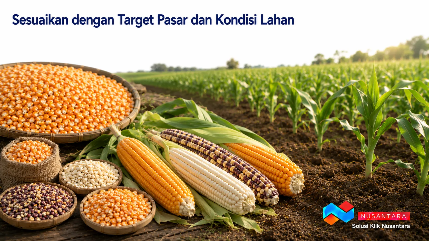 Banner menampilkan berbagai varietas jagung di lahan budidaya sebagai ilustrasi pemilihan benih sesuai target pasar dan kondisi lahan, disertai logo Solusi Klik Nusantara di pojok kanan bawah.