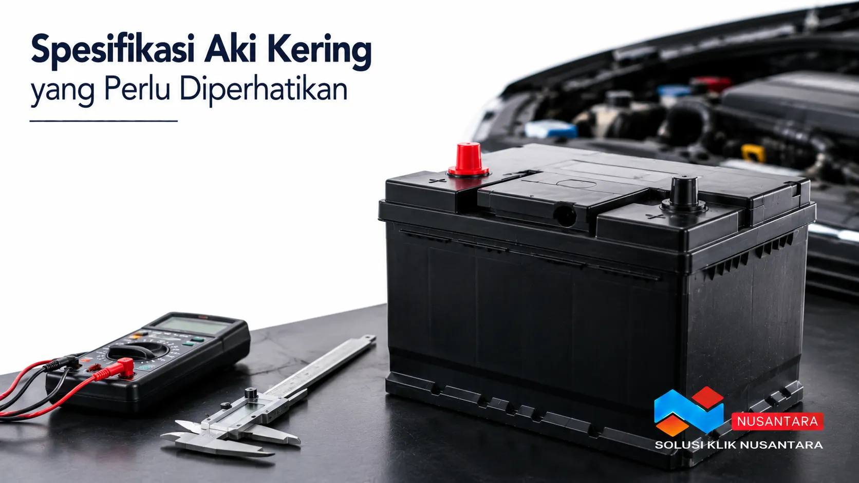 Aki kering maintenance free dengan alat ukur sebagai ilustrasi spesifikasi yang perlu diperhatikan sebelum memilih aki kendaraan.