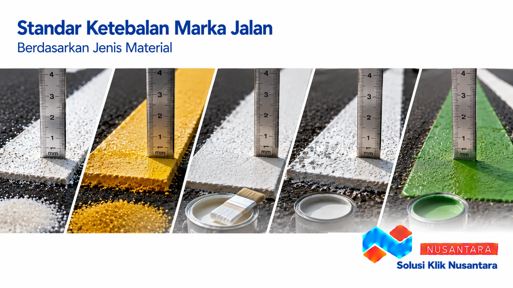Perbandingan berbagai material marka jalan pada permukaan aspal yang menunjukkan perbedaan karakteristik dan standar ketebalan sesuai jenis material.