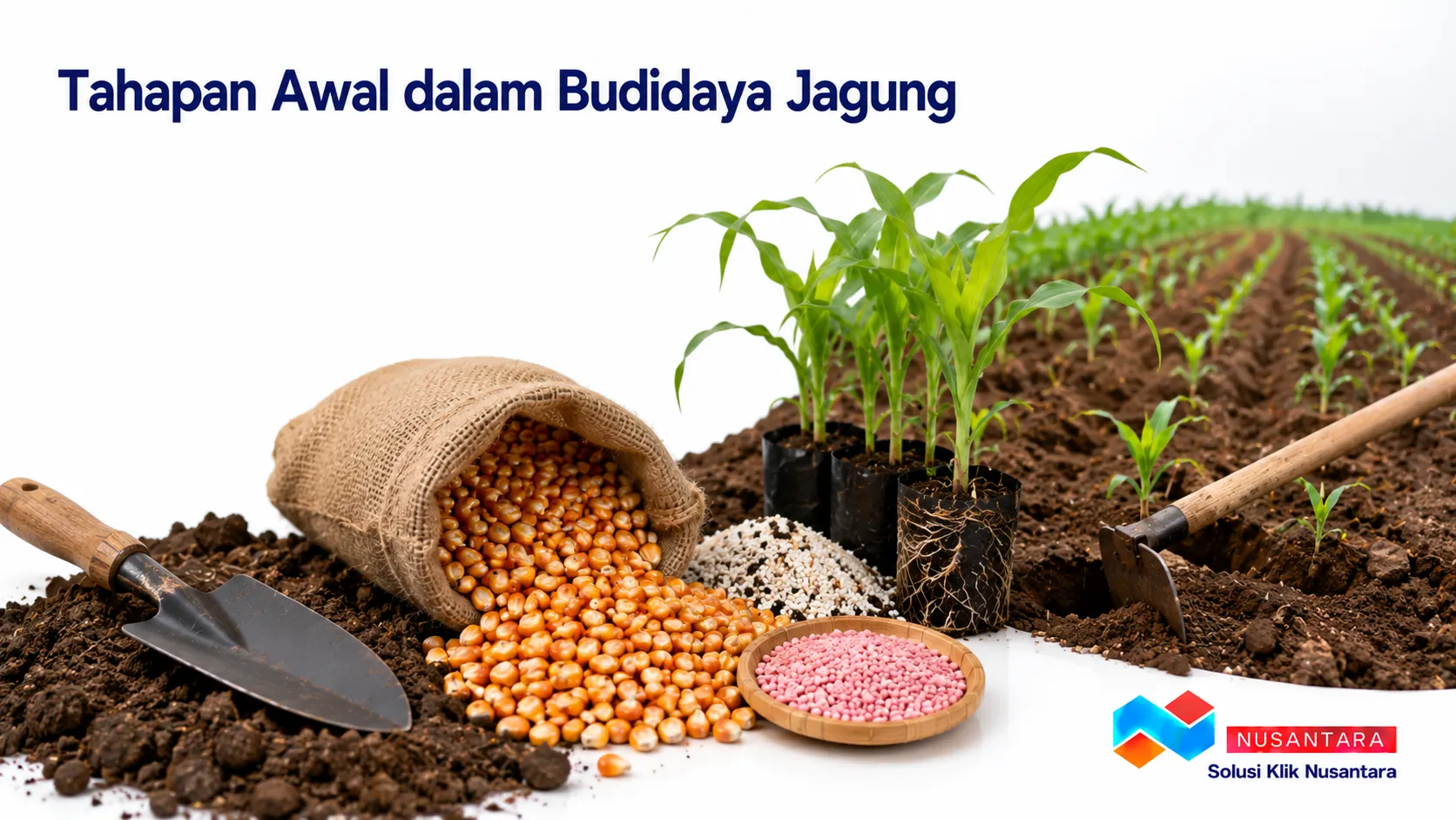 Banner menampilkan benih jagung, bibit jagung, media tanam, pupuk, dan lahan pertanian sebagai ilustrasi tahapan awal dalam budidaya jagung, dilengkapi logo Solusi Klik Nusantara di pojok kanan bawah.