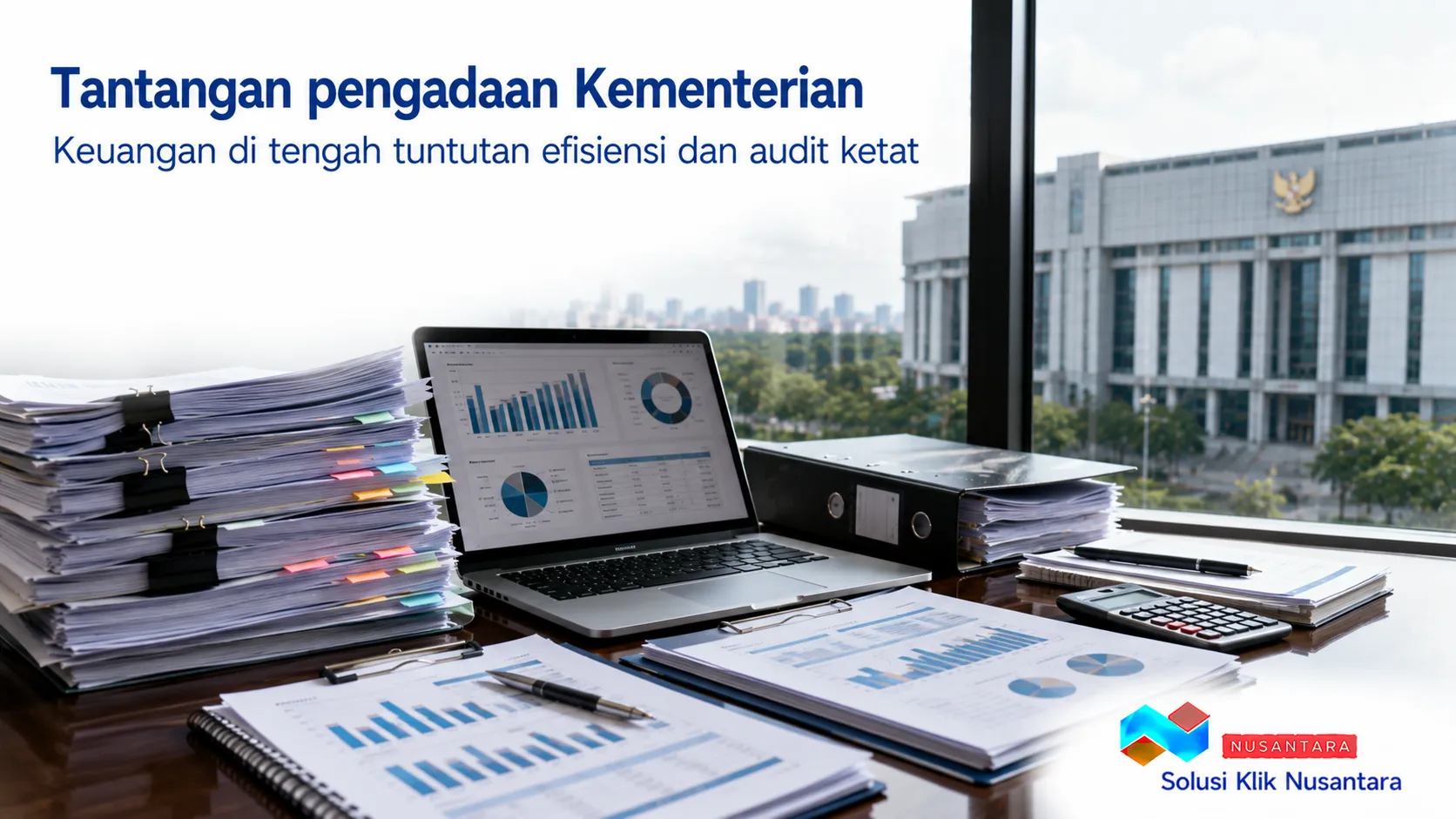 Dokumen pengadaan dan perangkat kerja yang menggambarkan tantangan pengadaan Kementerian Keuangan dalam meningkatkan efisiensi serta kesiapan audit.