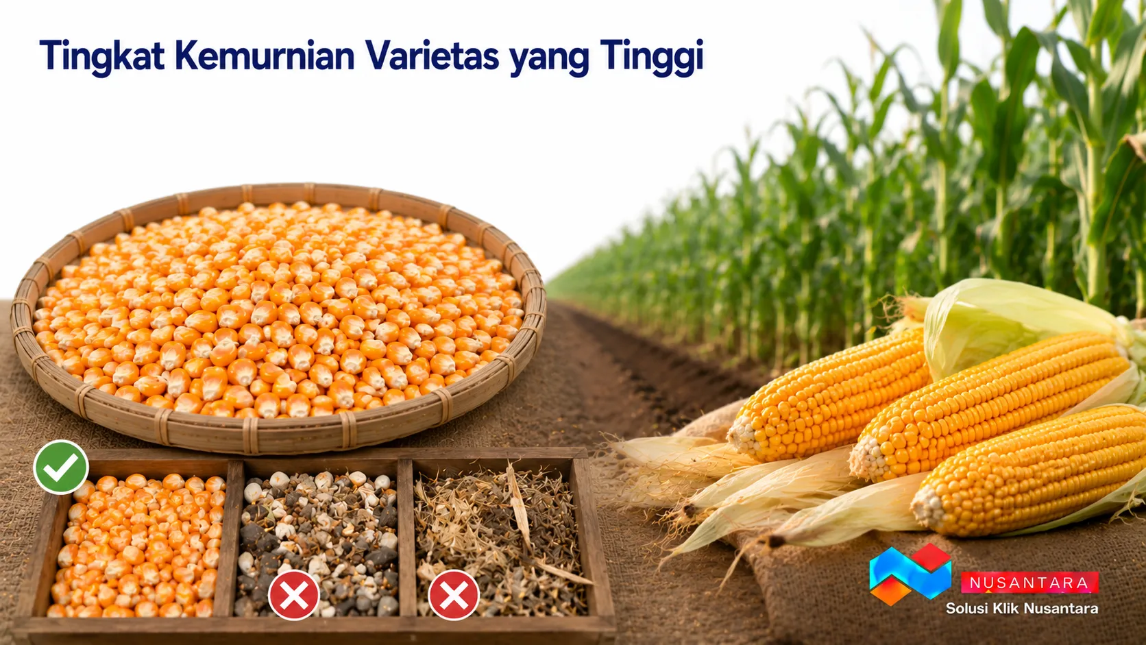 Banner menampilkan benih jagung berkualitas dengan bentuk seragam dan bernas sebagai ilustrasi tingkat kemurnian varietas yang tinggi, disertai logo Solusi Klik Nusantara di pojok kanan bawah.