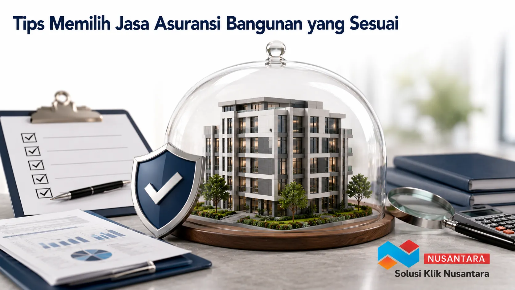 Ilustrasi gedung modern dengan dokumen evaluasi dan simbol perlindungan sebagai panduan memilih jasa asuransi bangunan yang sesuai.