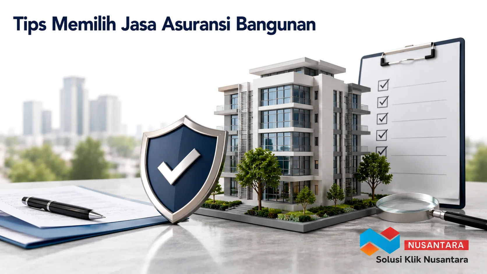 Ilustrasi gedung modern dengan simbol perlindungan asuransi dan dokumen evaluasi sebagai gambaran tips memilih jasa asuransi bangunan.