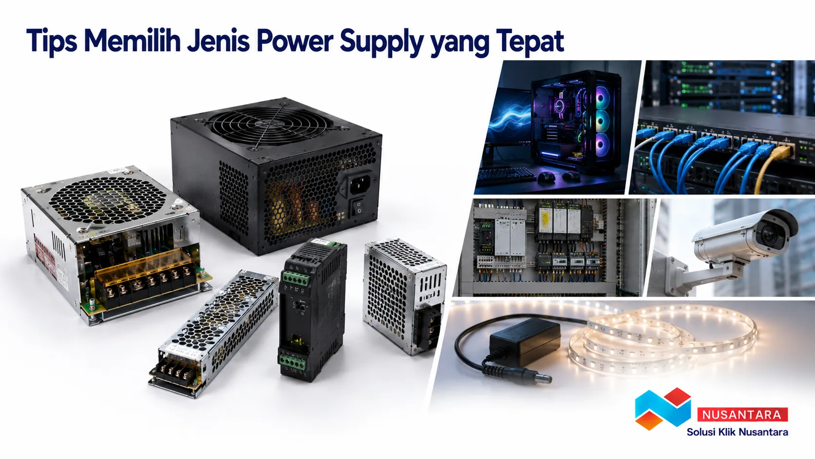 Banner menampilkan berbagai jenis power supply secara realistis dengan fokus pada produk untuk membantu memilih power supply yang sesuai kebutuhan perangkat, disertai logo Solusi Klik Nusantara di pojok kanan bawah.
