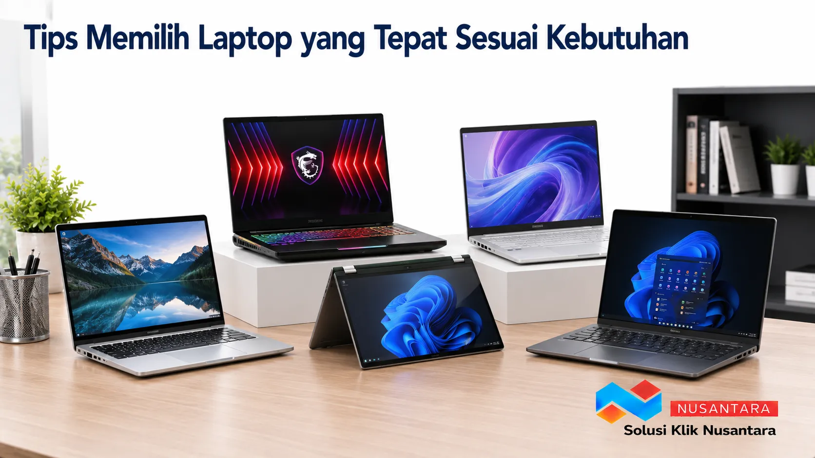 Beragam laptop dengan spesifikasi berbeda ditampilkan sebagai ilustrasi panduan memilih laptop sesuai kebutuhan penggunaan dan anggaran.
