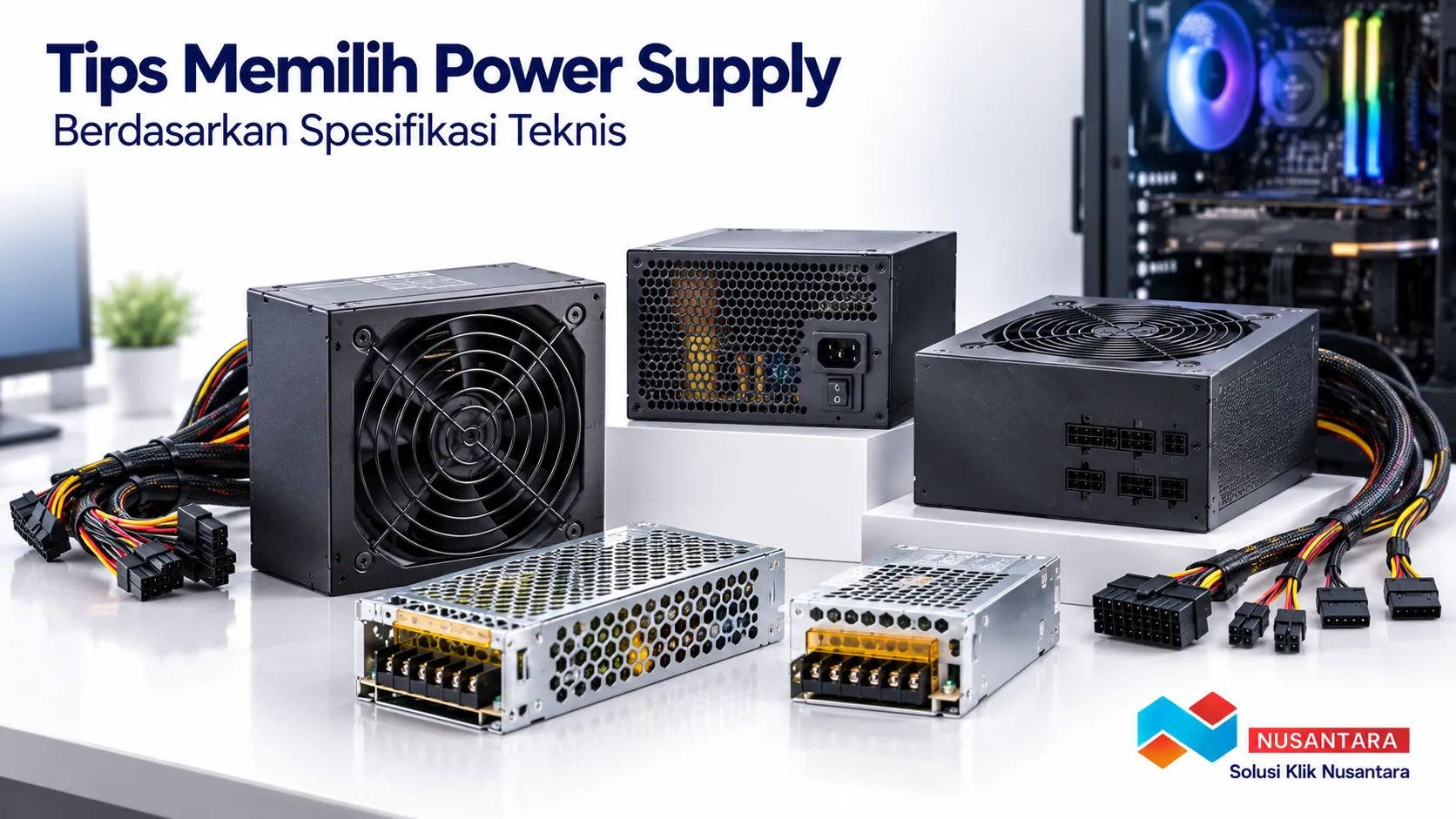 Banner menampilkan beberapa jenis power supply secara realistis dengan fokus pada spesifikasi teknis dan konektor perangkat, dilengkapi logo Solusi Klik Nusantara di pojok kanan bawah.