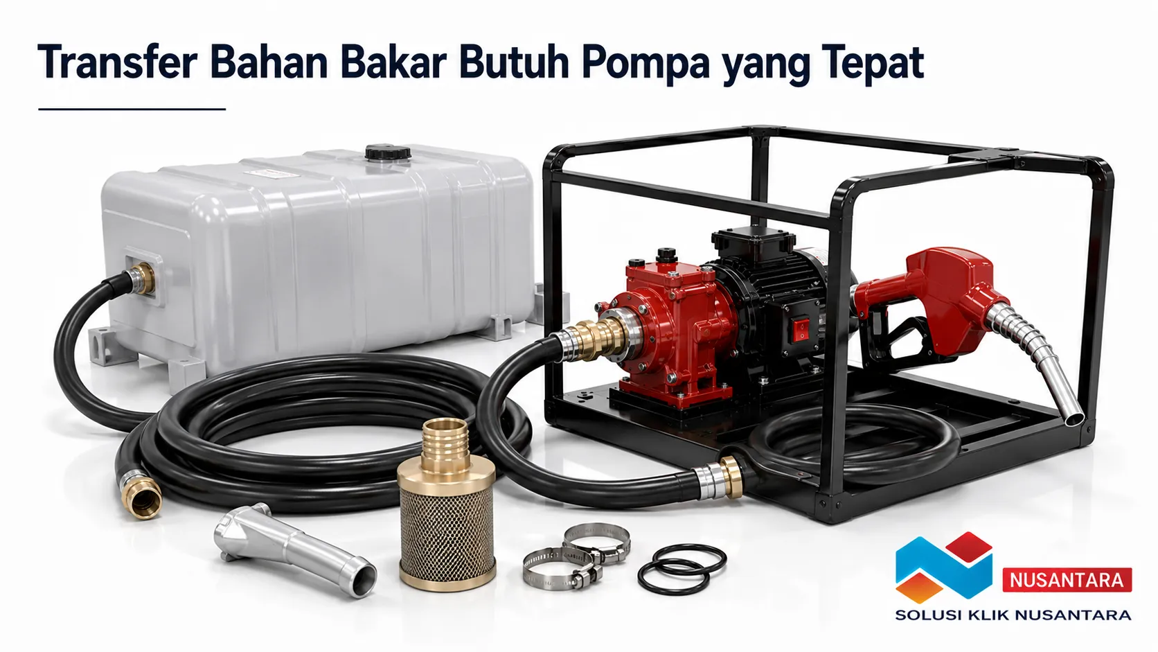 Gasoline pump, tangki penyimpanan, selang transfer, nozzle, dan komponen pendukung tersusun dalam konfigurasi sistem transfer bahan bakar yang realistis.