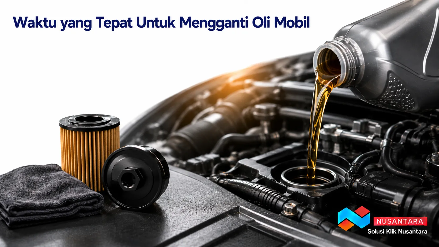 Banner menampilkan oli mesin yang sedang dituangkan ke mesin mobil dengan filter oli sebagai ilustrasi waktu yang tepat untuk mengganti oli, dilengkapi logo Solusi Klik Nusantara di pojok kanan bawah.