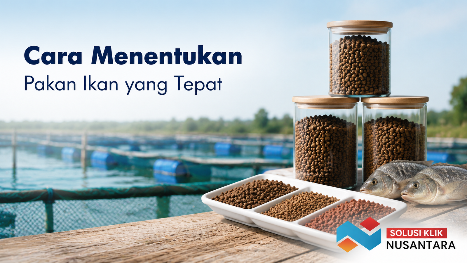 Beragam jenis pakan ikan dalam bentuk pelet dengan latar kolam budidaya sebagai ilustrasi cara menentukan pakan ikan yang tepat sesuai kebutuhan budidaya.