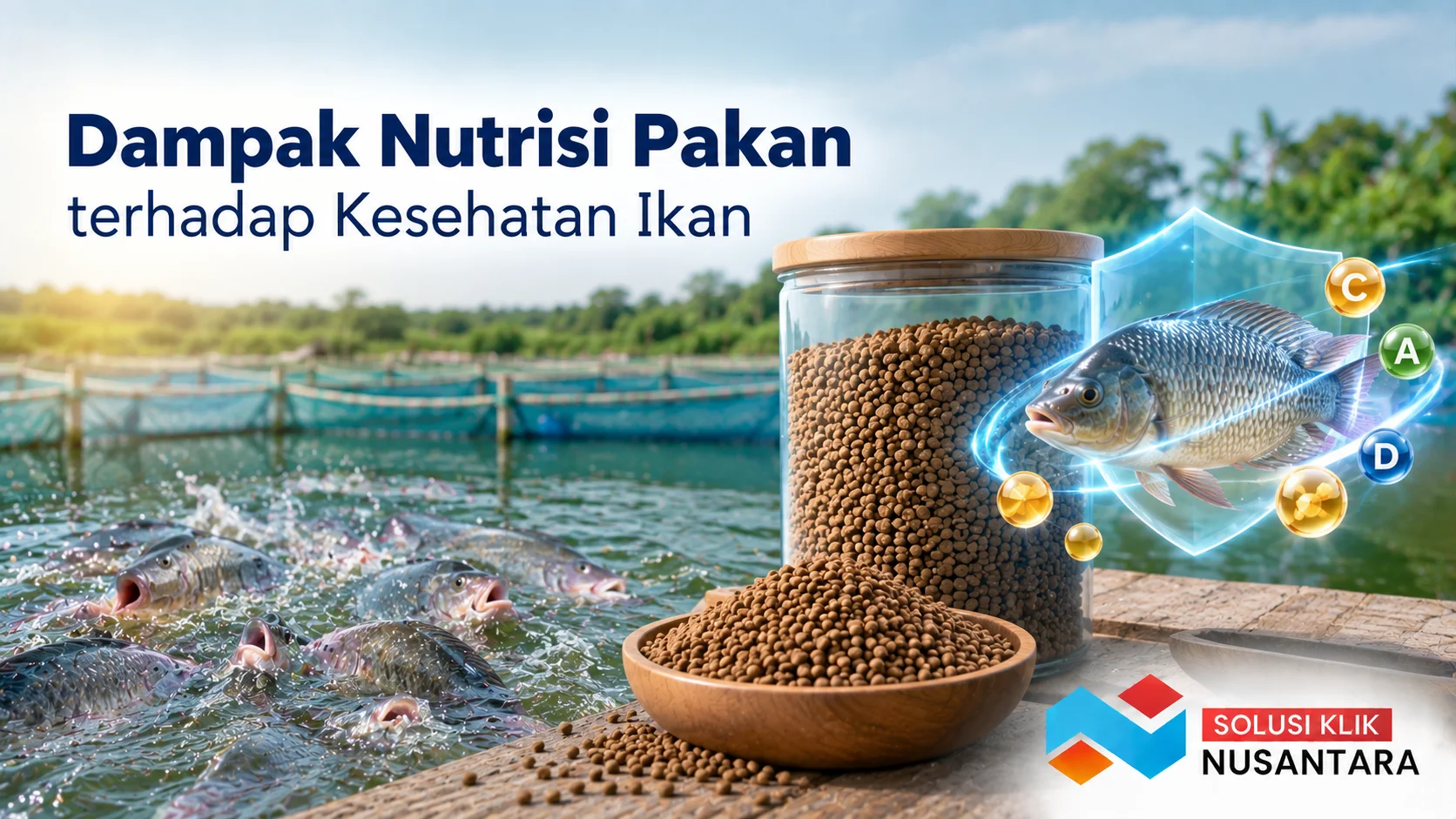 Pakan ikan bernutrisi dengan latar kolam budidaya sebagai ilustrasi dampak nutrisi pakan terhadap kesehatan dan pertumbuhan ikan.