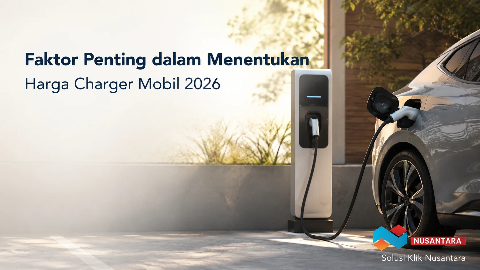 Charger mobil listrik dengan stasiun pengisian dalam lingkungan modern.