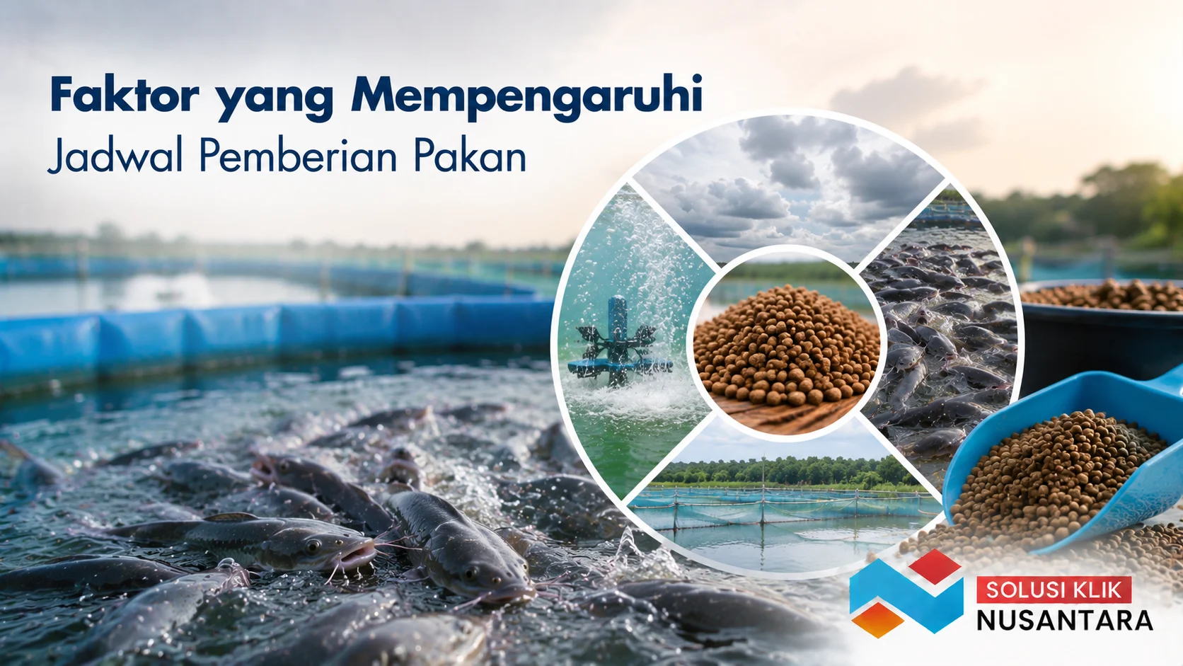 Pakan lele dengan latar kolam budidaya sebagai ilustrasi berbagai faktor yang memengaruhi jadwal pemberian pakan ikan.