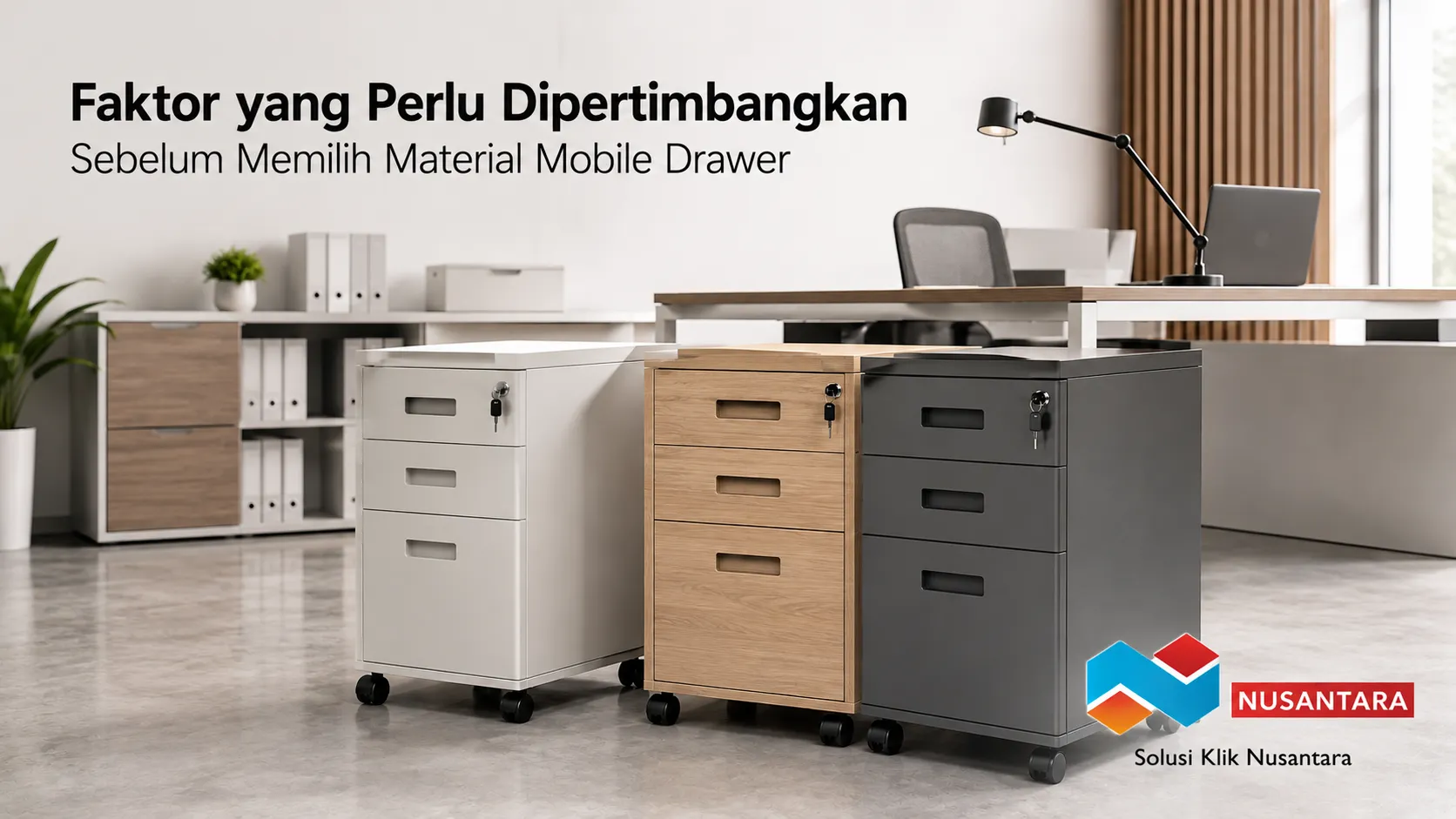 Mobile drawer berbahan baja, kayu, dan metal sebagai solusi penyimpanan dokumen untuk berbagai kebutuhan ruang kerja.
