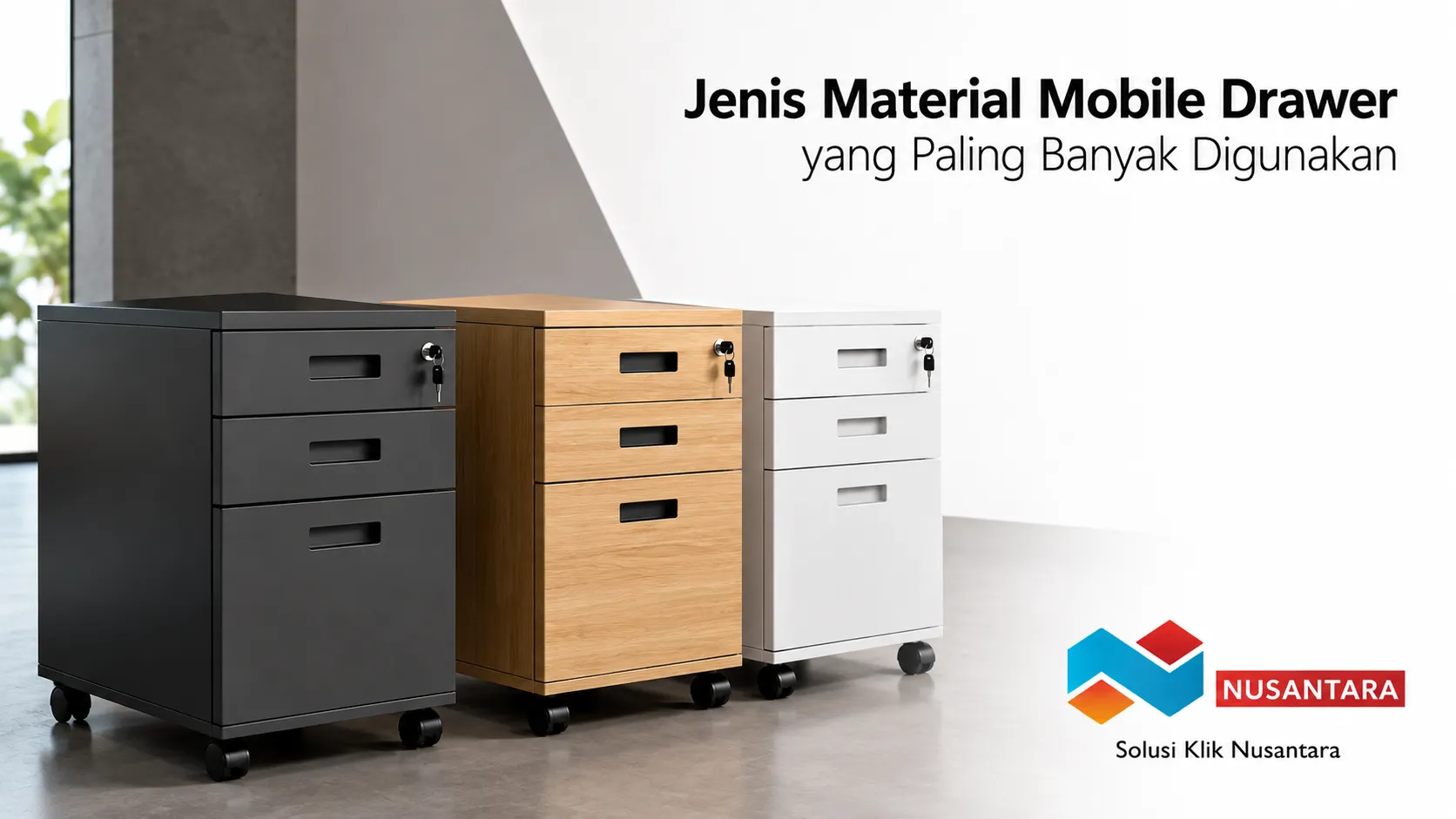 Mobile drawer dengan material baja, kayu, dan metal sebagai pilihan penyimpanan dokumen untuk ruang kerja modern.