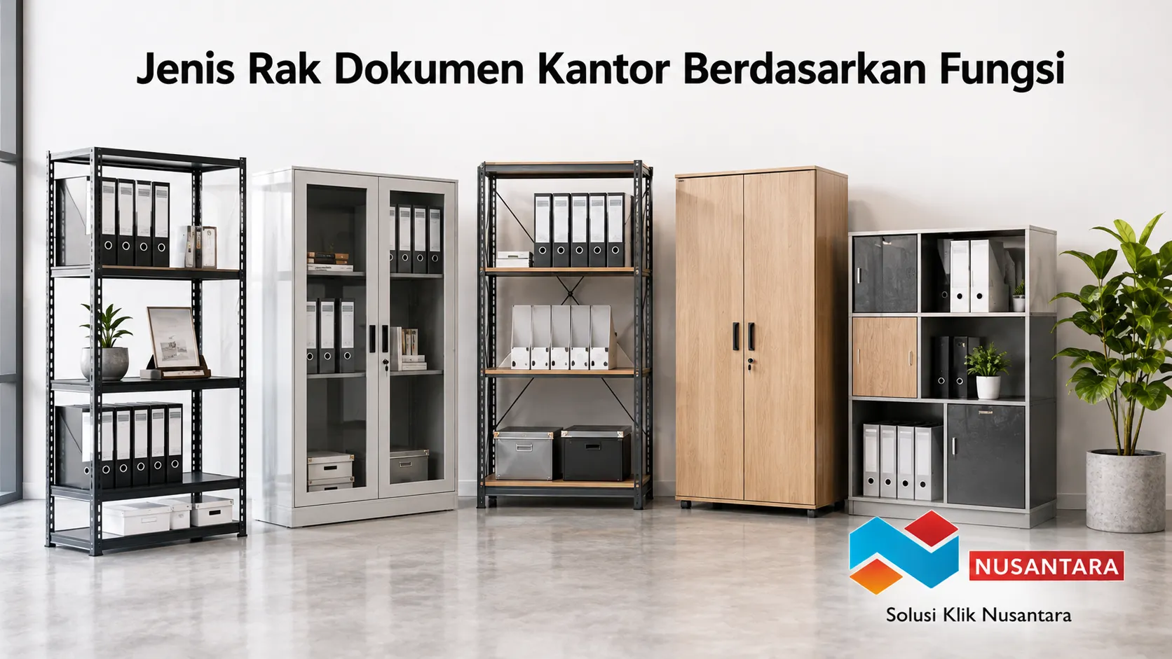 Rak dokumen kantor berbahan besi dan kayu untuk menyimpan arsip secara rapi di ruang kerja modern.