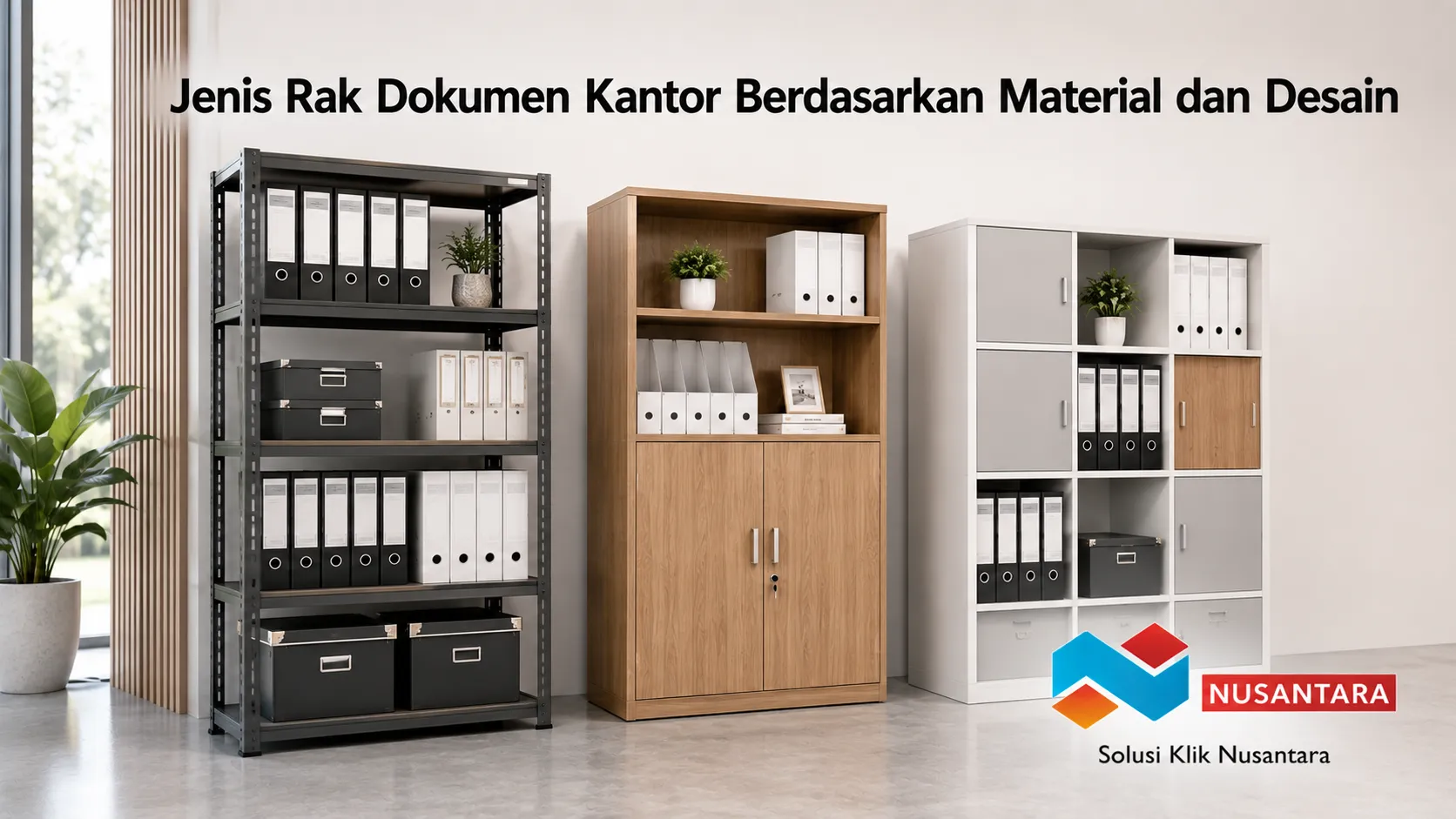 Rak dokumen kantor berbahan besi, kayu, dan modular untuk penyimpanan arsip yang rapi dan efisien.