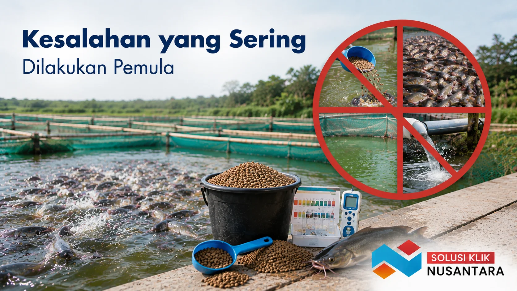 Kolam budidaya ikan dengan pakan dan peralatan pendukung sebagai ilustrasi kesalahan umum yang sering dilakukan pemula dalam budidaya ikan.