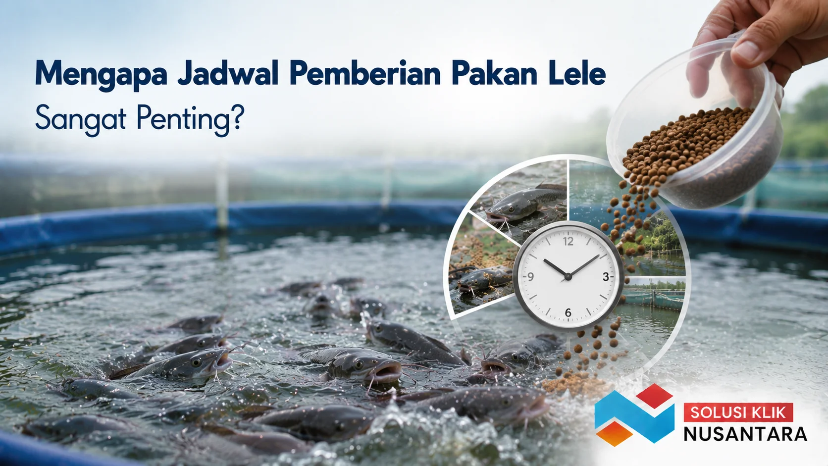 Pemberian pakan lele di kolam budidaya sebagai ilustrasi pentingnya menerapkan jadwal pakan yang tepat untuk mendukung pertumbuhan ikan.