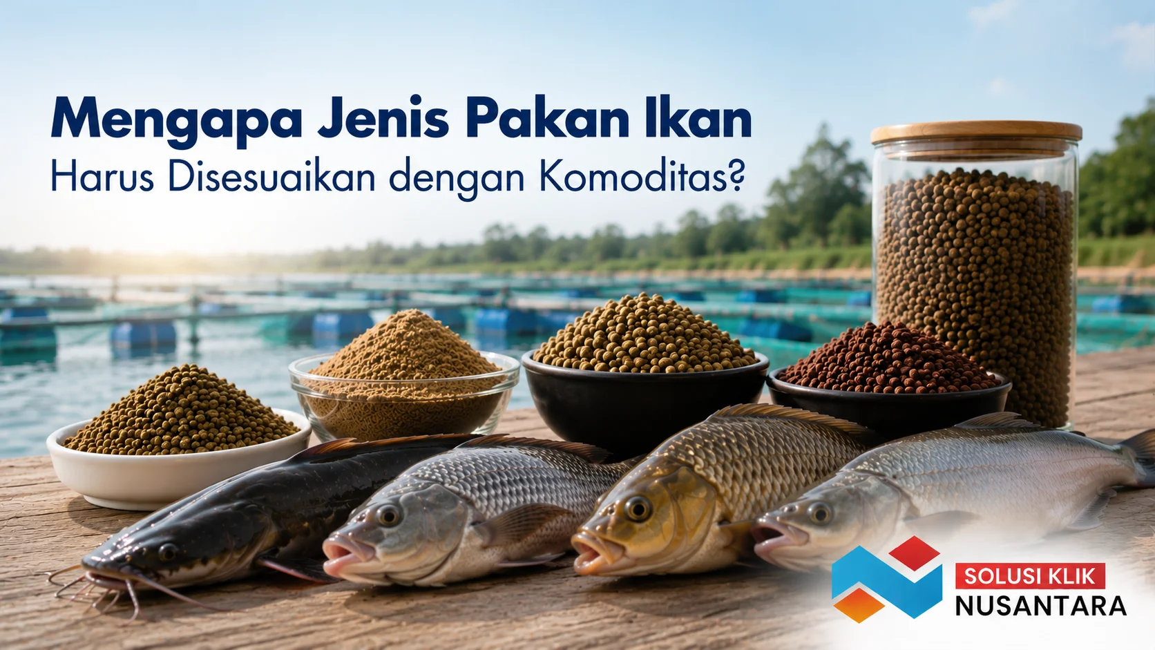 Berbagai jenis pakan ikan dan komoditas budidaya sebagai ilustrasi pentingnya menyesuaikan jenis pakan dengan kebutuhan setiap spesies ikan.