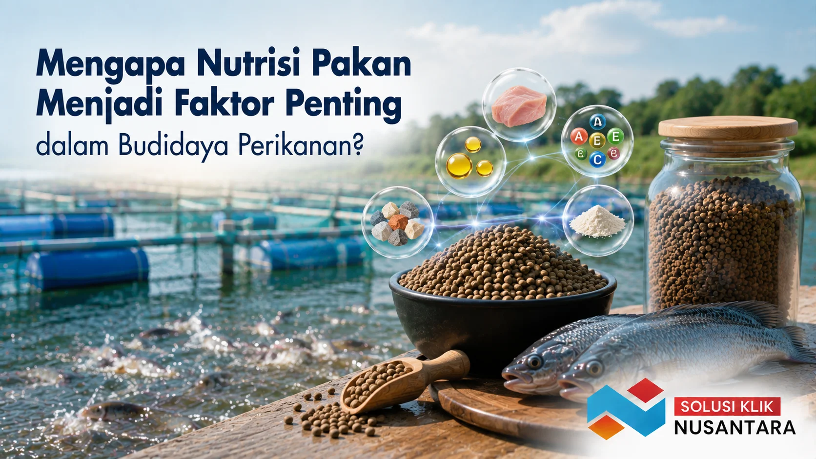 Pakan ikan bernutrisi dengan latar kolam budidaya sebagai ilustrasi pentingnya nutrisi pakan untuk mendukung pertumbuhan dan kesehatan ikan.