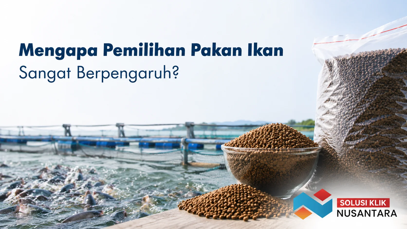 Pakan ikan berbentuk pelet dengan latar kolam budidaya sebagai ilustrasi pentingnya memilih pakan ikan berkualitas untuk mendukung pertumbuhan dan hasil panen.