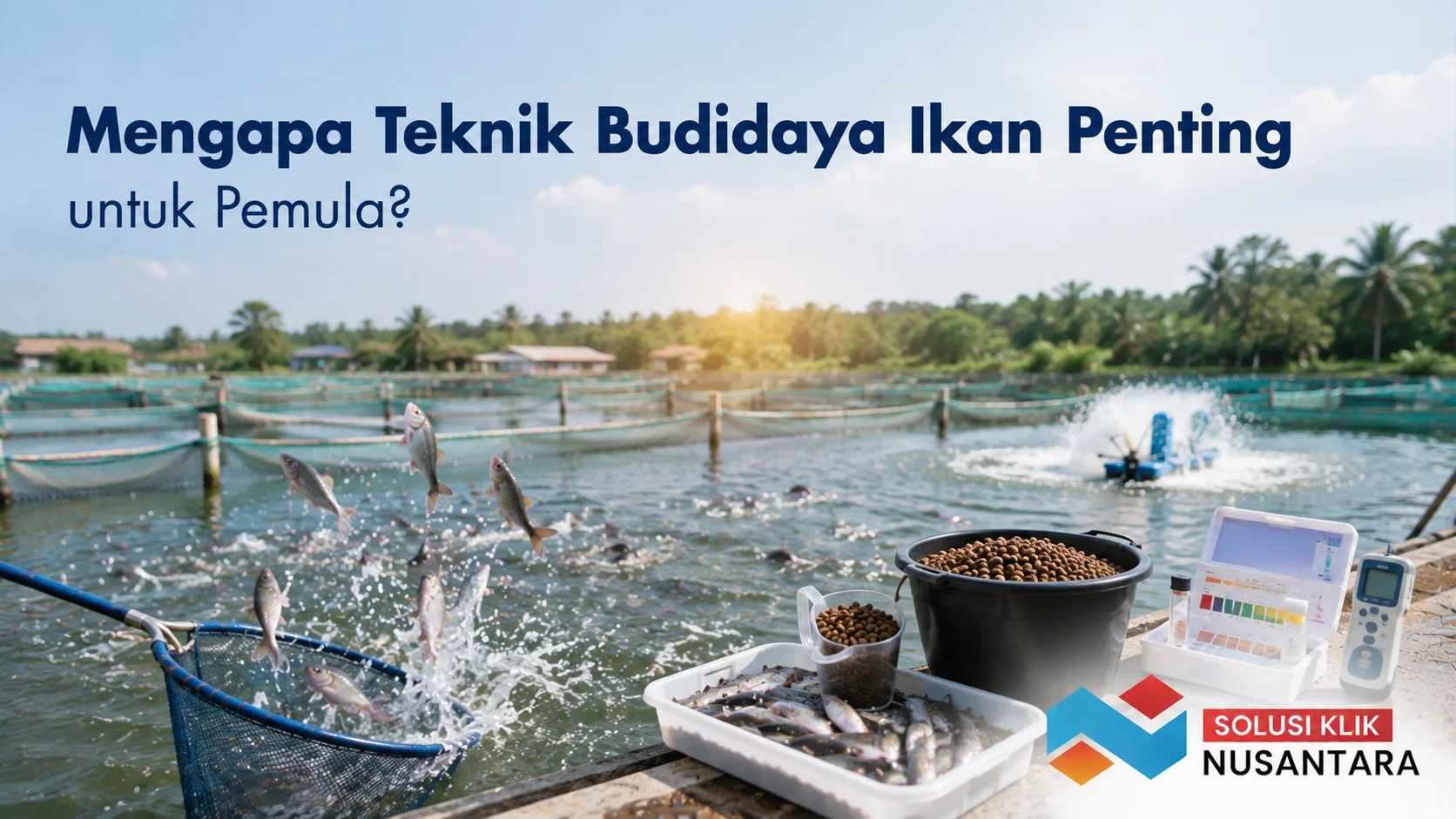 Kolam budidaya ikan dengan pakan dan peralatan pendukung sebagai ilustrasi pentingnya memahami teknik budidaya ikan bagi pemula.