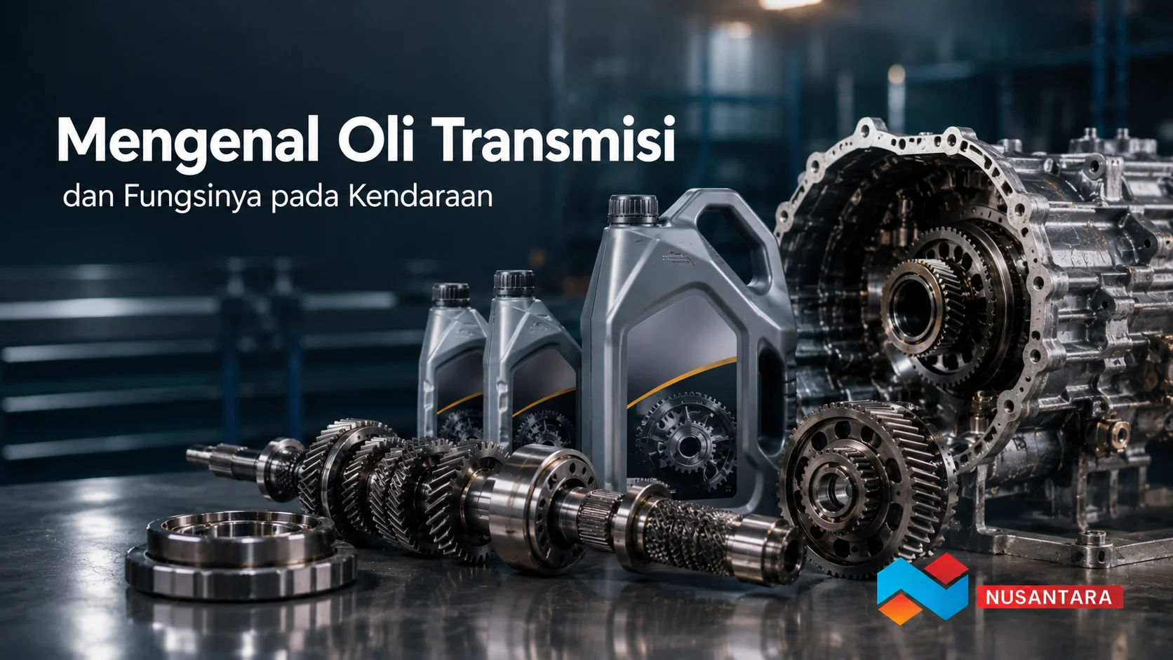Banner Mengenal Oli Transmisi dan Fungsinya pada Kendaraan dengan produk oli serta komponen sistem transmisi.