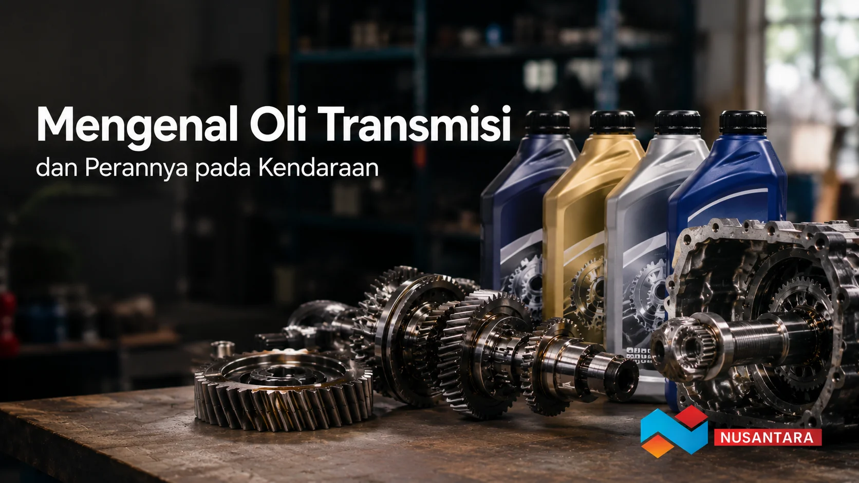 Banner Mengenal Oli Transmisi dan Perannya pada Kendaraan dengan pilihan oli serta komponen sistem transmisi.