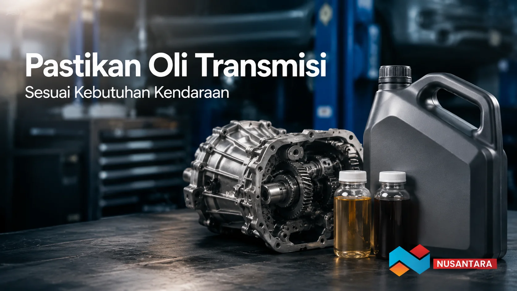 Banner Pastikan Oli Transmisi Sesuai Kebutuhan Kendaraan dengan oli transmisi dan komponen gearbox di bengkel otomotif.