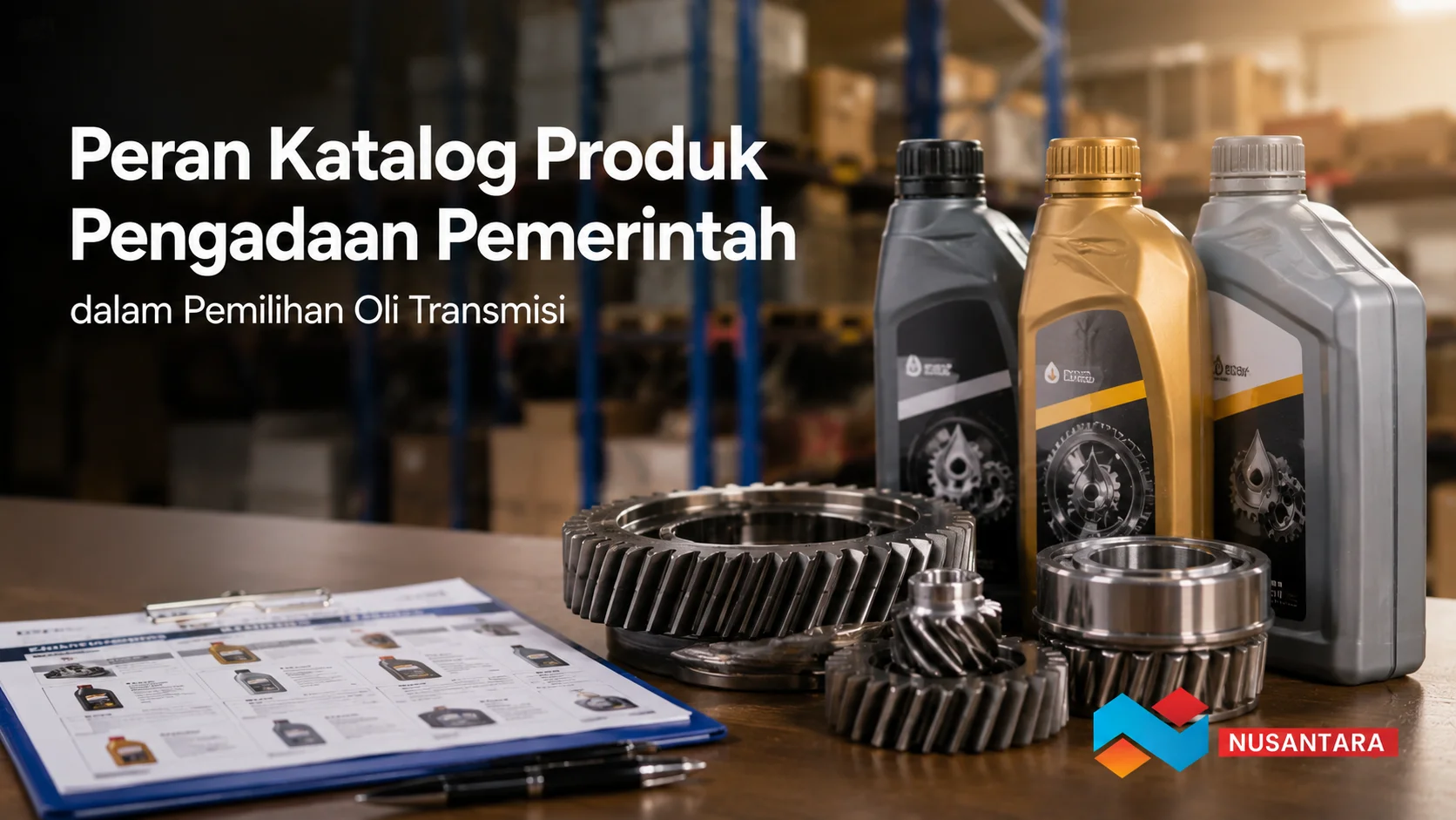 Banner Peran Katalog Produk Pengadaan Pemerintah dalam Pemilihan Oli Transmisi dengan produk oli dan komponen transmisi.