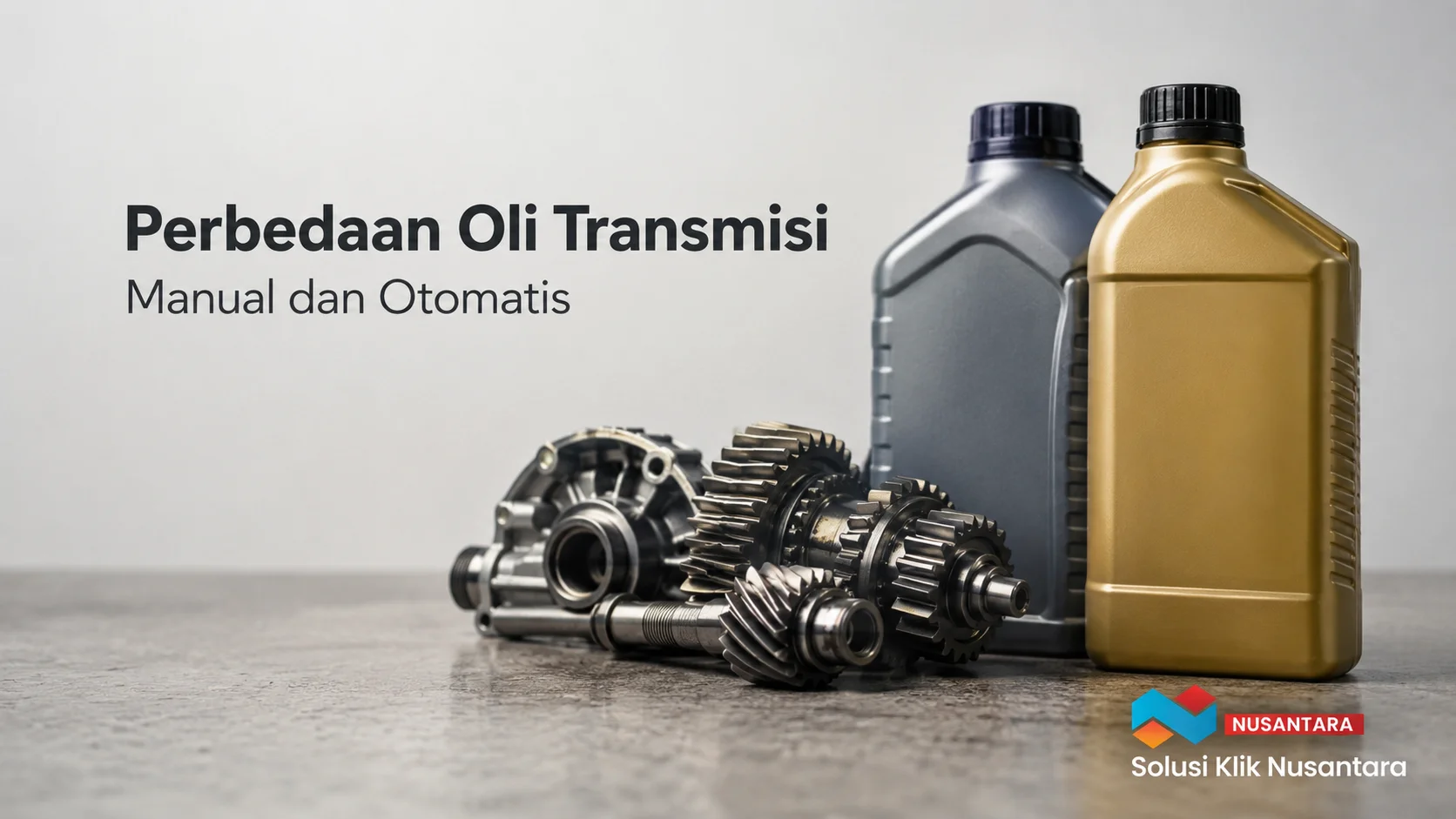 Banner Perbedaan Oli Transmisi Manual dan Otomatis dengan produk oli transmisi dan komponen transmisi.