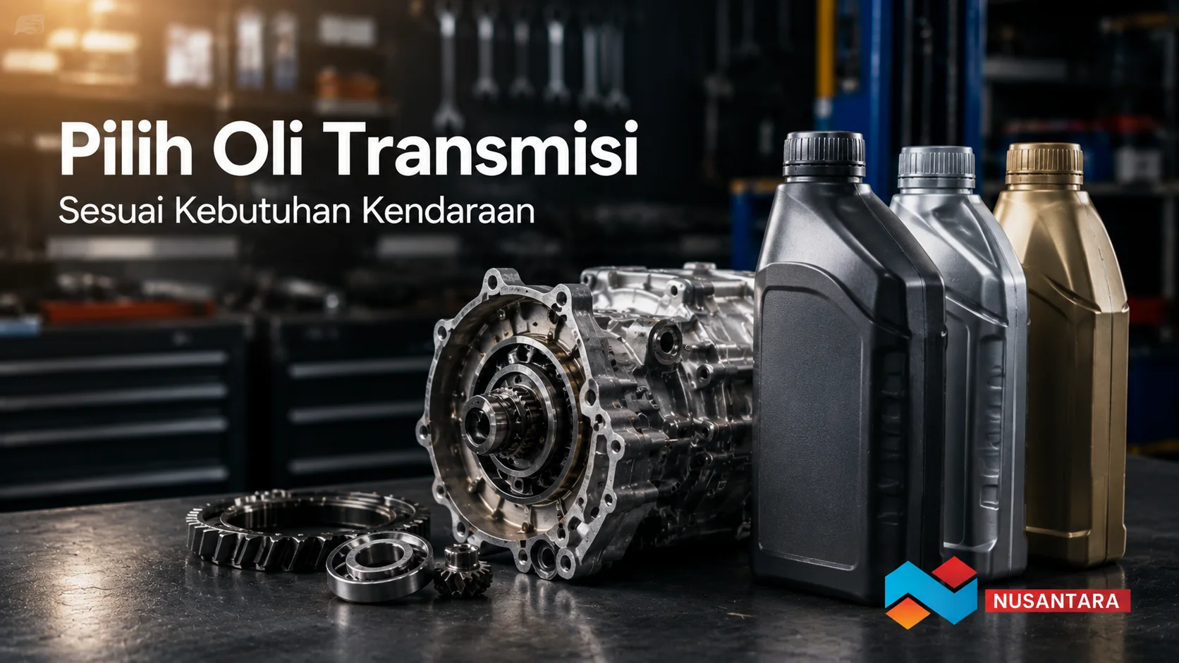 Banner Pilih Oli Transmisi Sesuai Kebutuhan Kendaraan dengan beberapa pilihan oli dan komponen transmisi di bengkel otomotif.