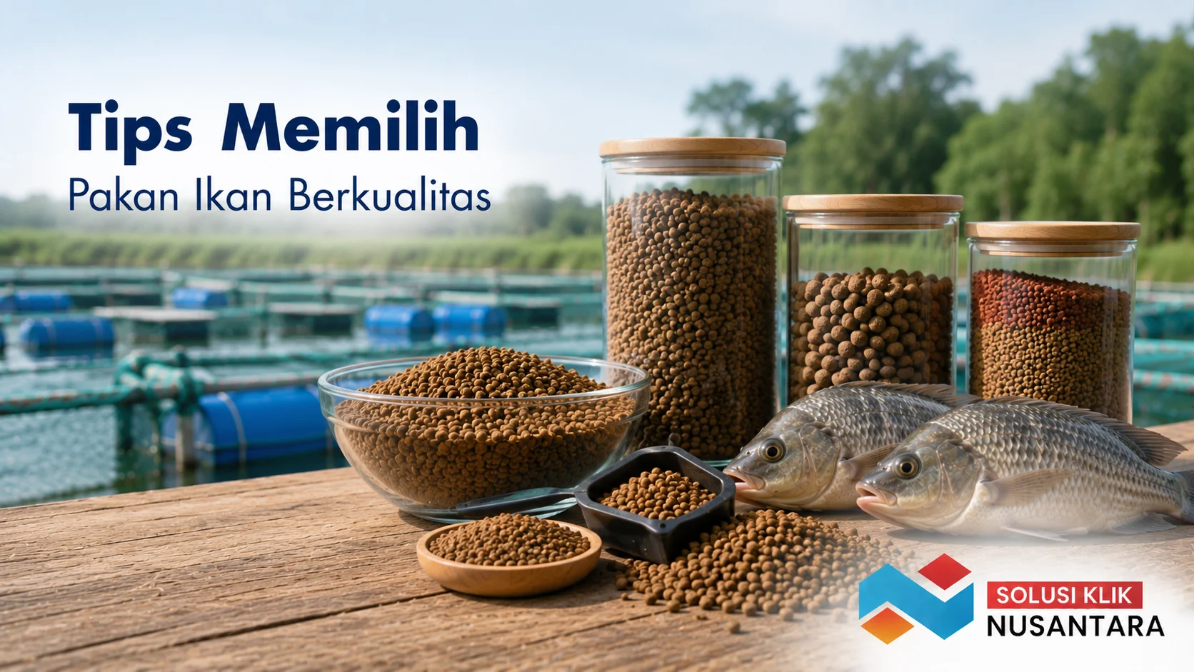Beragam pakan ikan berkualitas dalam bentuk pelet dengan latar kolam budidaya sebagai ilustrasi pemilihan pakan yang tepat untuk mendukung pertumbuhan ikan.
