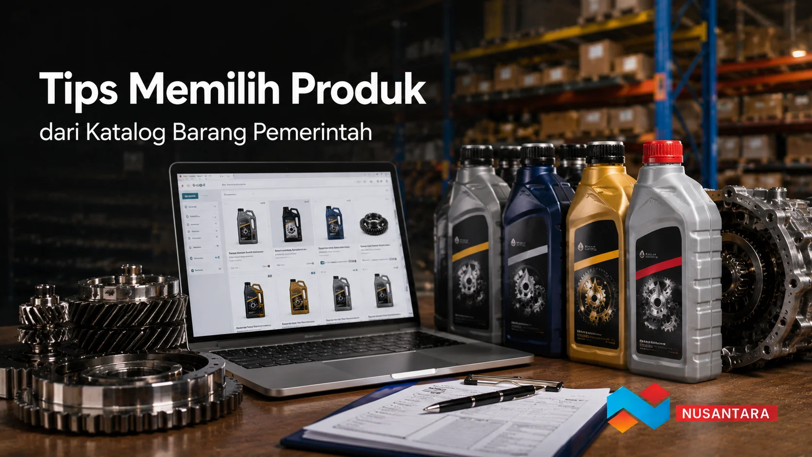 Banner Tips Memilih Produk dari Katalog Barang Pemerintah dengan pilihan oli transmisi dan katalog produk pengadaan.