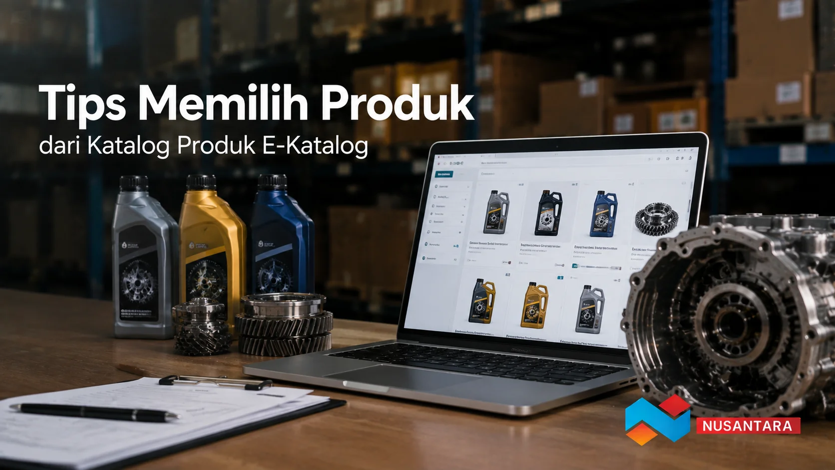 Banner Tips Memilih Produk dari Katalog Produk E-Katalog dengan katalog pengadaan dan produk di area pergudangan.
