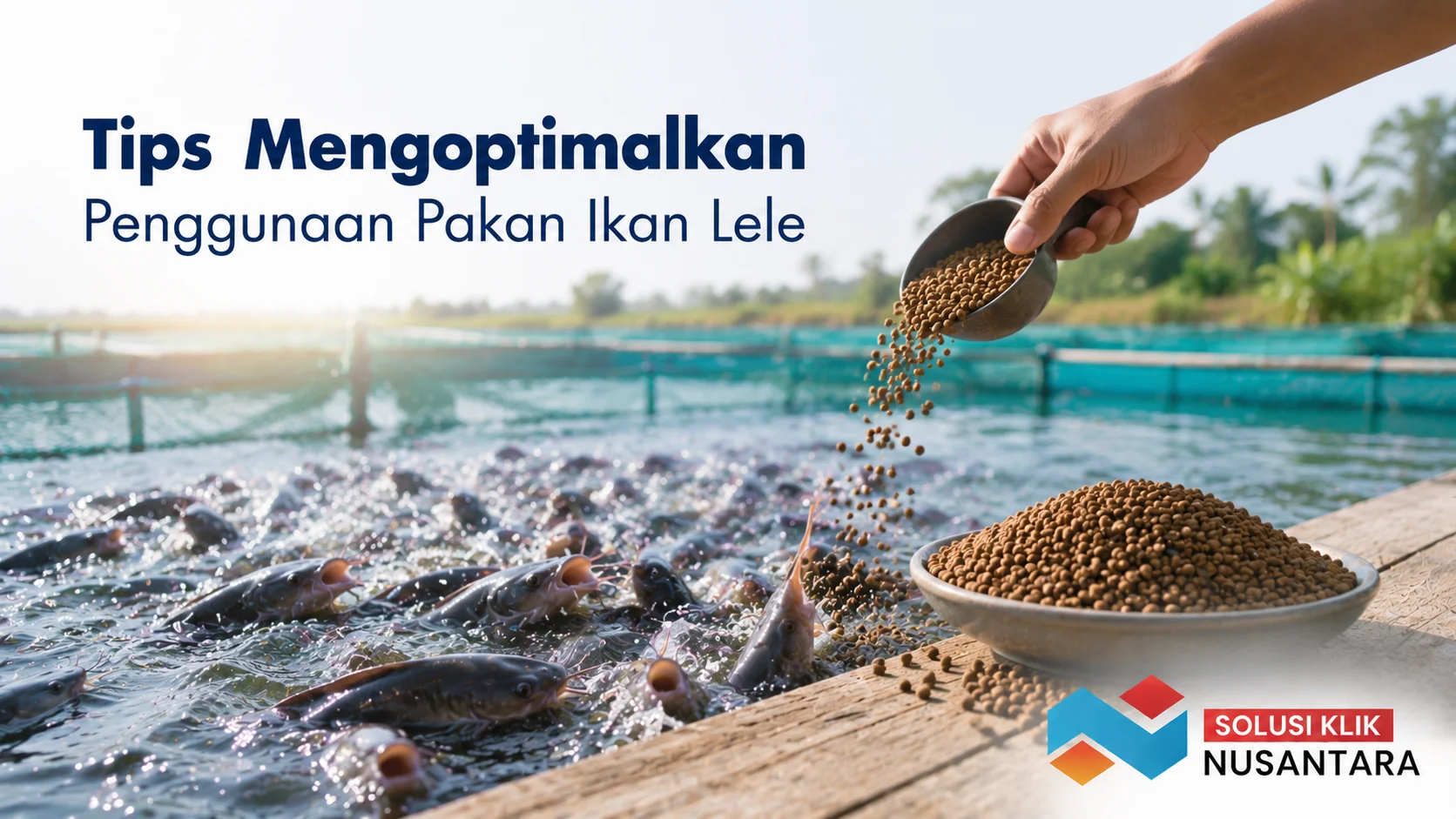 Pakan ikan lele berbentuk pelet yang diberikan ke kolam budidaya sebagai ilustrasi penggunaan pakan secara tepat untuk mendukung pertumbuhan lele.