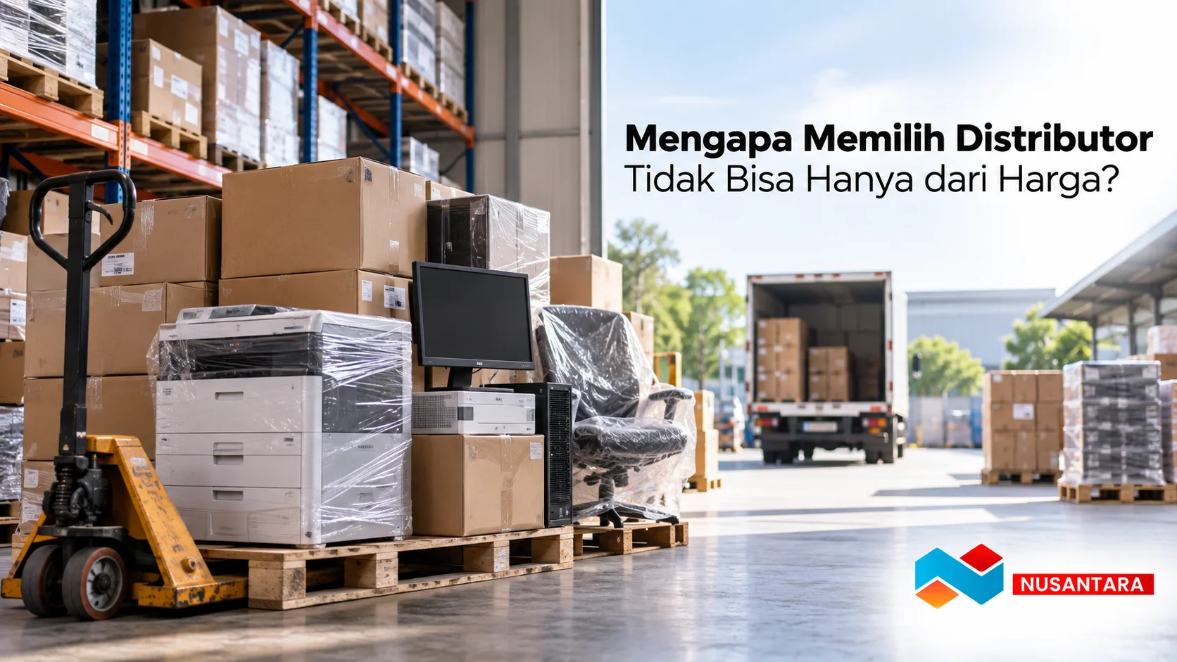 Banner realistis bertema distributor barang pengadaan dengan suasana gudang dan berbagai produk siap didistribusikan, dilengkapi judul “Mengapa Memilih Distributor Tidak Bisa Hanya dari Harga?” serta logo Solusi Klik Nusantara.