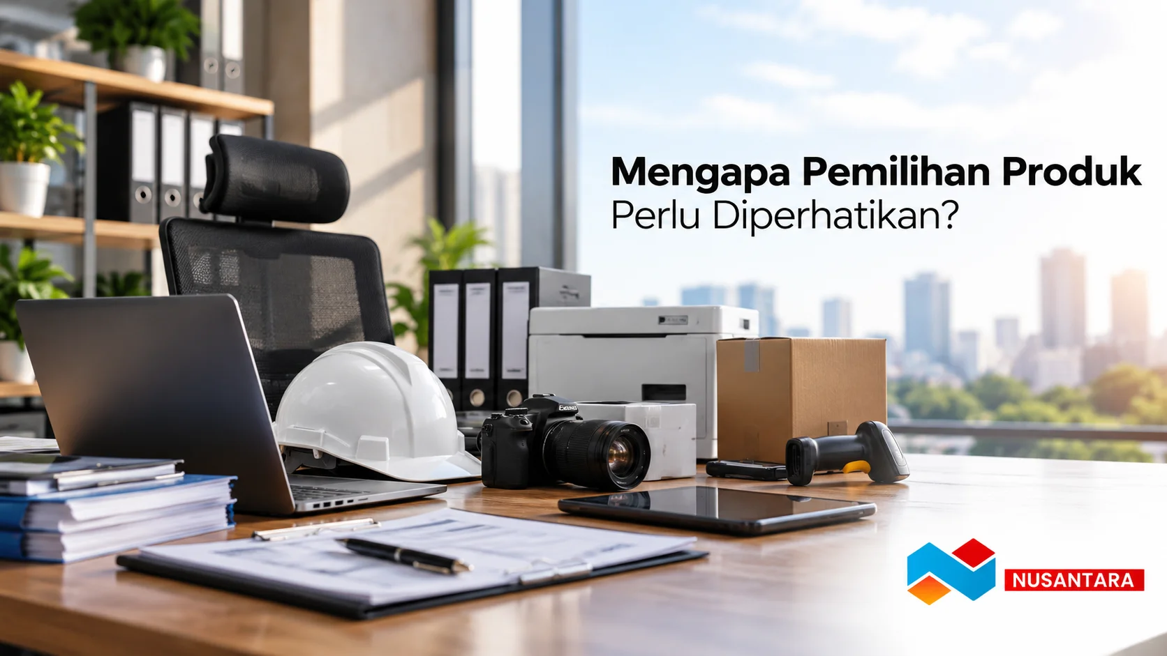 Banner katalog produk pengadaan pemerintah yang menampilkan perlengkapan pengadaan di ruang kerja dengan judul “Mengapa Pemilihan Produk Perlu Diperhatikan?”