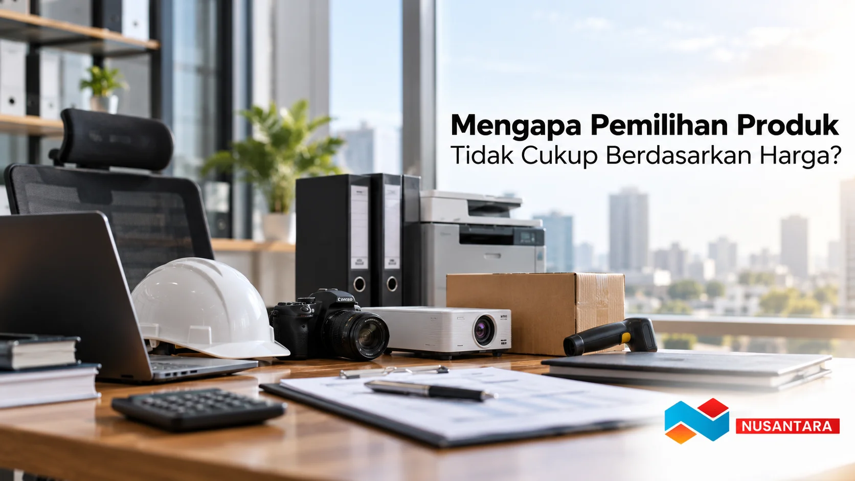Katalog produk untuk belanja pemerintah dengan berbagai perlengkapan kantor dan dokumen pengadaan sebagai ilustrasi pemilihan produk berdasarkan spesifikasi dan harga.