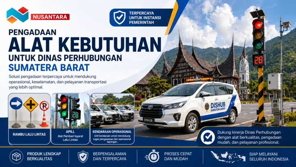 Banner pengadaan alat kebutuhan untuk Dinas Perhubungan Sumatera Barat dengan logo Solusi Klik Nusantara, menampilkan rambu lalu lintas, APILL, kendaraan operasional Dishub, dan latar ikon khas Sumatera Barat.