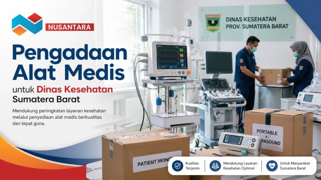 Ilustrasi pengadaan alat medis untuk Dinas Kesehatan Sumbar menampilkan ruang rumah sakit modern dengan monitor pasien, USG portable, tenaga medis, serta paket distribusi alat kesehatan dengan logo Nusantara.