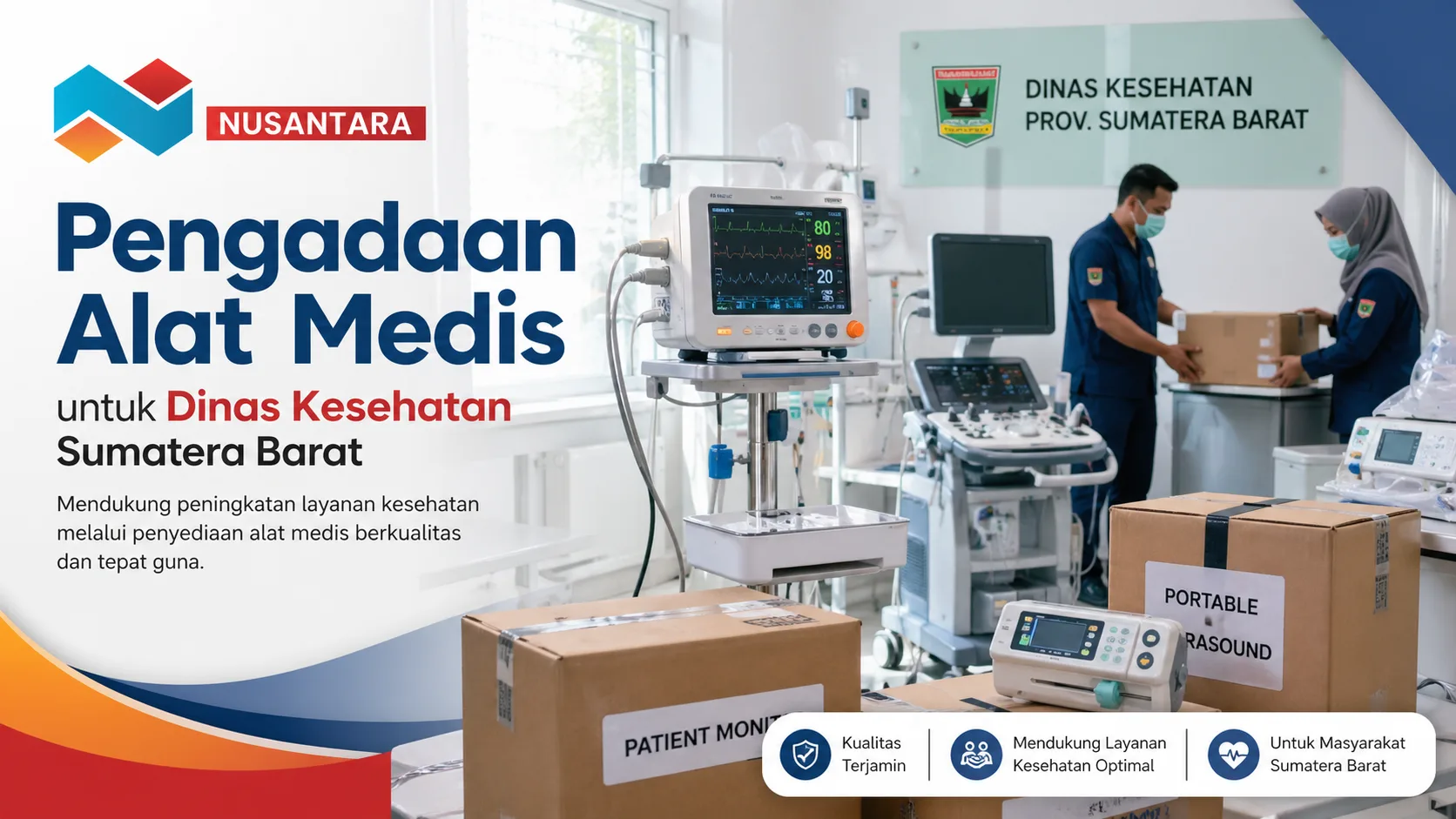 Ilustrasi pengadaan alat medis untuk Dinas Kesehatan Sumbar menampilkan ruang rumah sakit modern dengan monitor pasien, USG portable, tenaga medis, serta paket distribusi alat kesehatan dengan logo Nusantara.