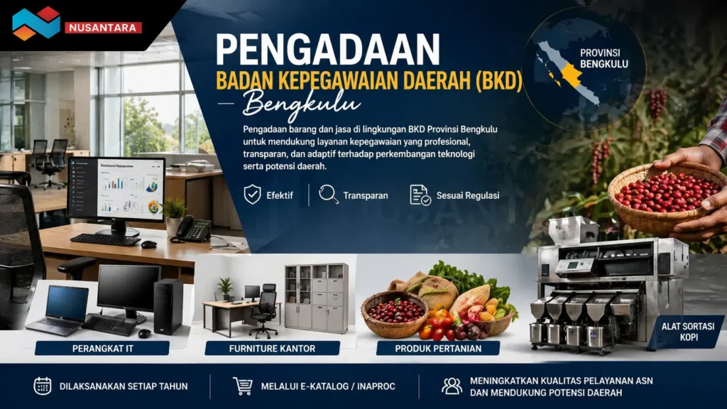 Desain banner Pengadaan BKD Bengkulu menampilkan perangkat IT, furniture kantor, produk pertanian, alat sortasi kopi, dan logo Solusi Klik Nusantara untuk kebutuhan pengadaan instansi pemerintah.