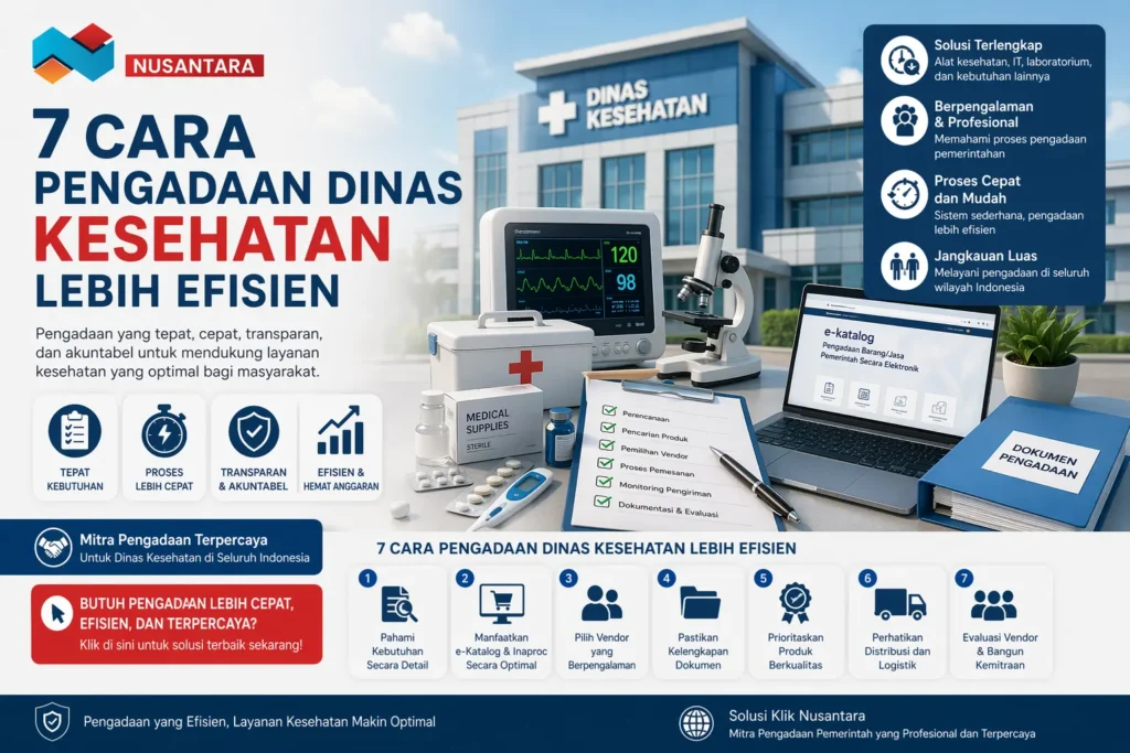 Infografis 7 cara pengadaan Dinas Kesehatan lebih efisien dengan ilustrasi alat kesehatan, e-katalog, dokumen pengadaan, dan logo Solusi Klik Nusantara