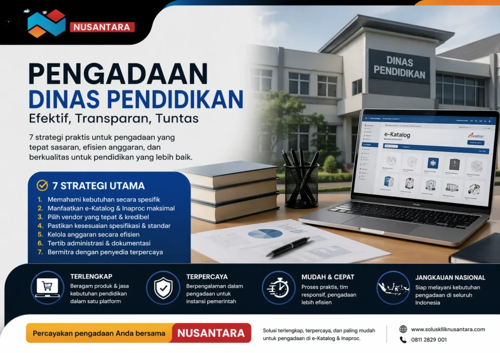 Banner pengadaan Dinas Pendidikan menampilkan sistem e-Katalog, strategi pemilihan vendor, dan solusi pengadaan terpercaya Solusi Klik Nusantara.