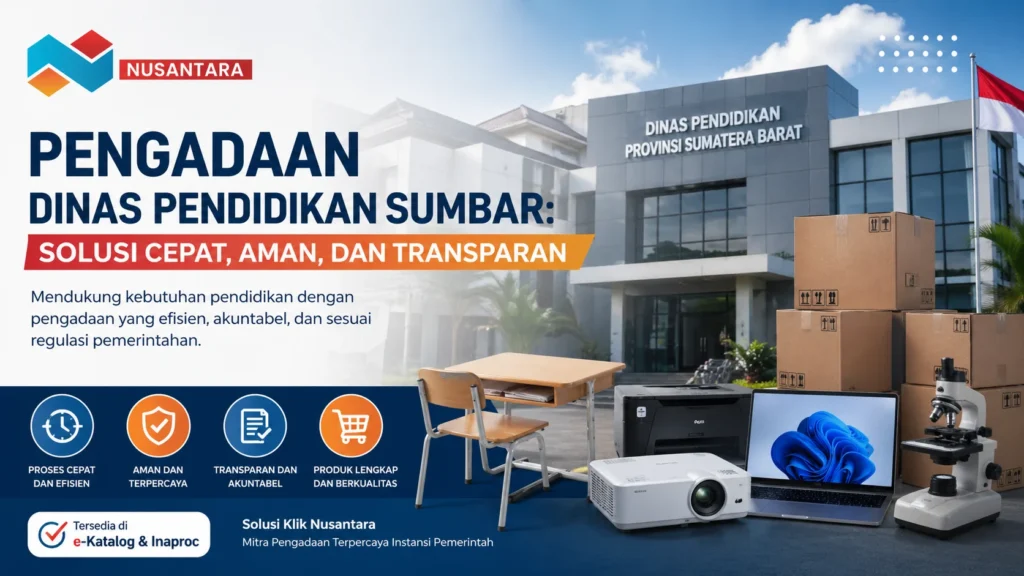 Banner pengadaan Dinas Pendidikan Sumbar dengan gedung kantor Dinas Pendidikan Provinsi Sumatera Barat, perlengkapan sekolah dan kantor seperti meja, kursi, laptop, printer, proyektor, mikroskop.
