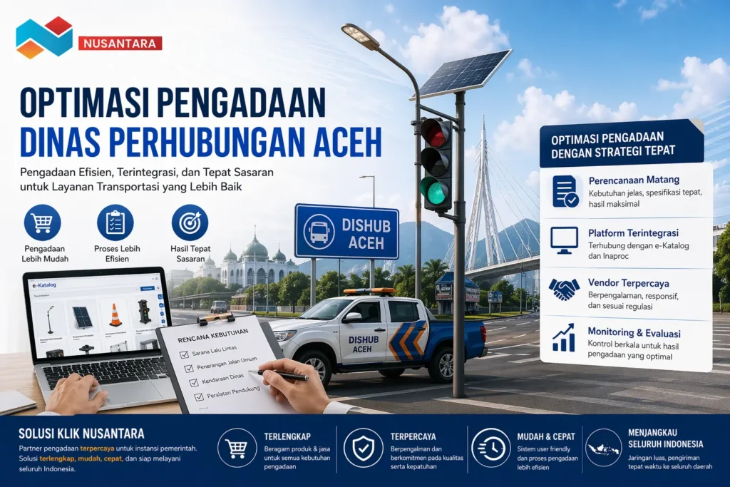 Ilustrasi optimasi pengadaan Dinas Perhubungan Aceh dengan sistem e-Katalog, kendaraan dinas, lampu lalu lintas, dan penerangan jalan umum bersama Solusi Klik Nusantara