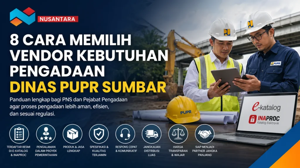 Banner pengadaan Dinas PUPR Sumbar dengan ilustrasi proyek konstruksi, pekerja lapangan, logo Solusi Klik Nusantara, serta informasi 8 cara memilih vendor kebutuhan pengadaan