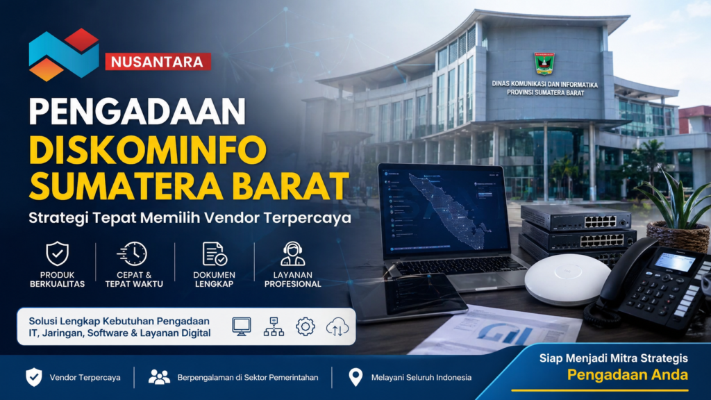 Banner promosi pengadaan DISKOMINFO Sumatera Barat dengan logo Solusi Klik Nusantara, menampilkan gedung Dinas Komunikasi dan Informatika Sumatera Barat, perangkat jaringan IT, laptop, telepon kantor.